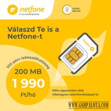   Netfone lakossági sim kártya 100 perc lebeszélhetőség bármely hálózatba, utána 19 Ft percdíj belföldön  + 200 MB internet, 