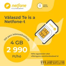   Netfone lakossági sim kártya 100 perc lebeszélhetőség bármely hálózatba, utána 19 Ft percdíj belföldön  + 4 GB internet, 