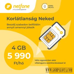 Netfone lakossági sim kártya Korlátlan belföldi beszélgetés + 4 GB internet, 100 db díjmentes sms