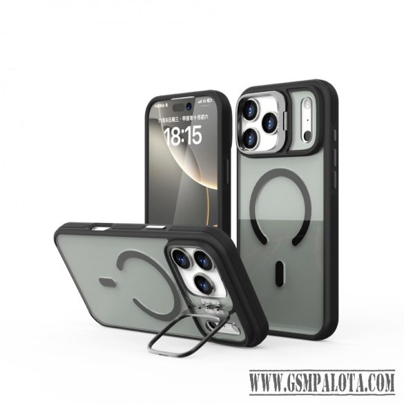 iPhone 17 Pro mágneses kamera kitámasztós tok, Fekete