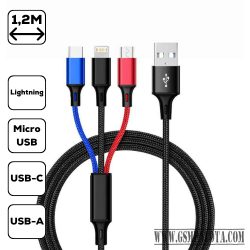 3-in-1 töltőkábel, micro USB+Type-c+lightning