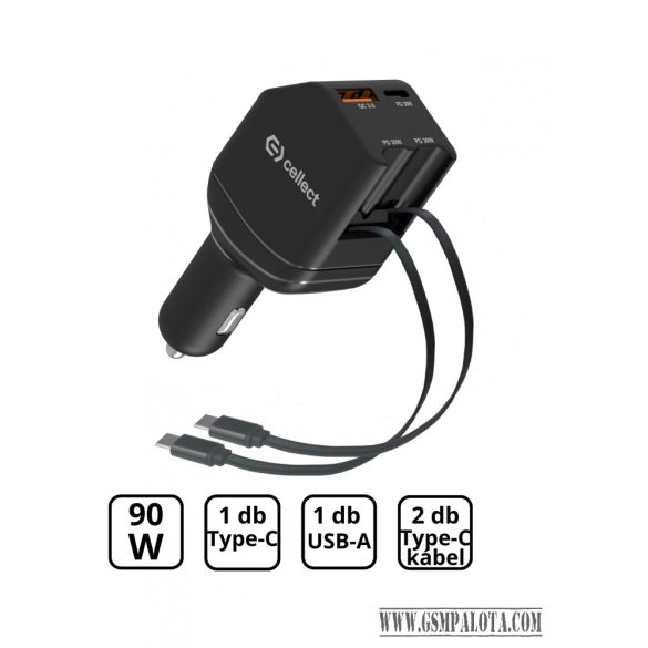 Autós töltő 2 db beépített kábellel gyorstöltéssel 90W,Fekete