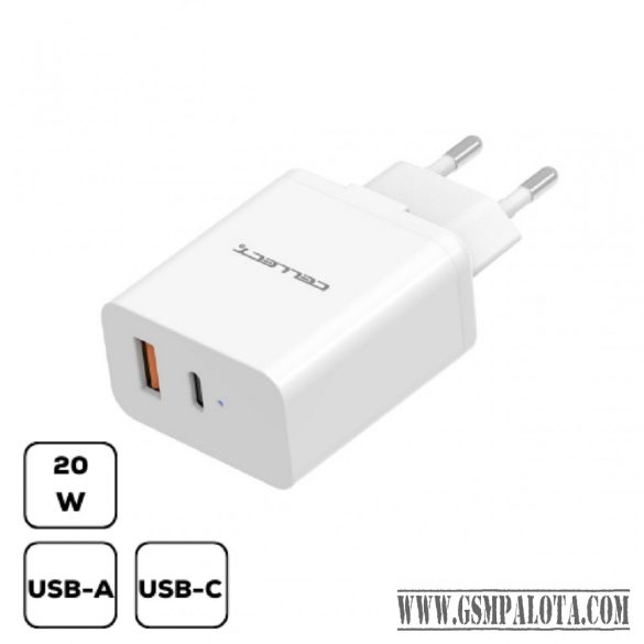 Hálózati gyorstöltő adapter 20W USB-A és C csatlakozóval, Fehér