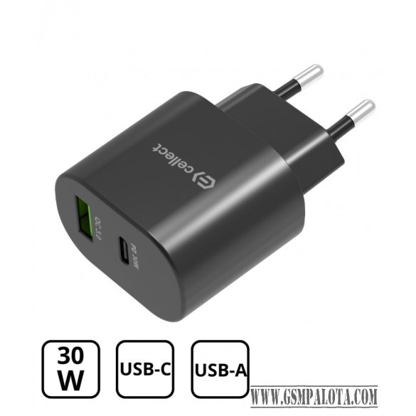 Hálózati gyorstöltő adapter 30W USB-A és C csatlakozóval, Fekete