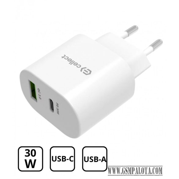 Hálózati gyorstöltő adapter 30W USB-A és C csatlakozóval, Fehér