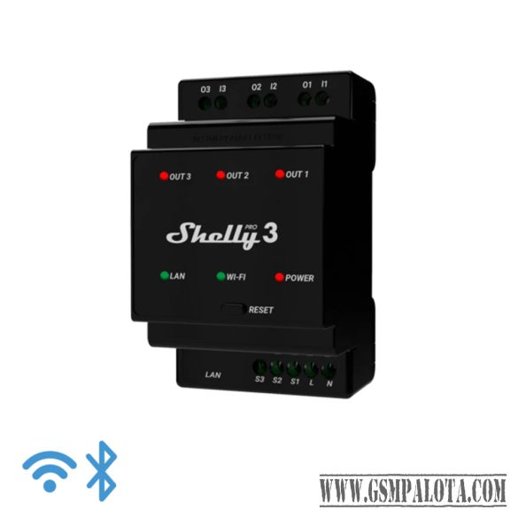 Shelly Pro 3, 3 áramkörös Wifi+Ethernet+Bluet. okosrelé